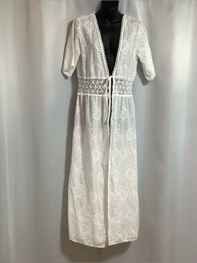 Luisa Perla Maxi Duster Women’s Size Medium White Cotton Eyelet Lace Resort